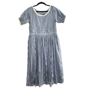 KAIMILAN Women Embroidered Lace Short Sleeve Midi Dress Sz 6 Blue Elegant 3-47